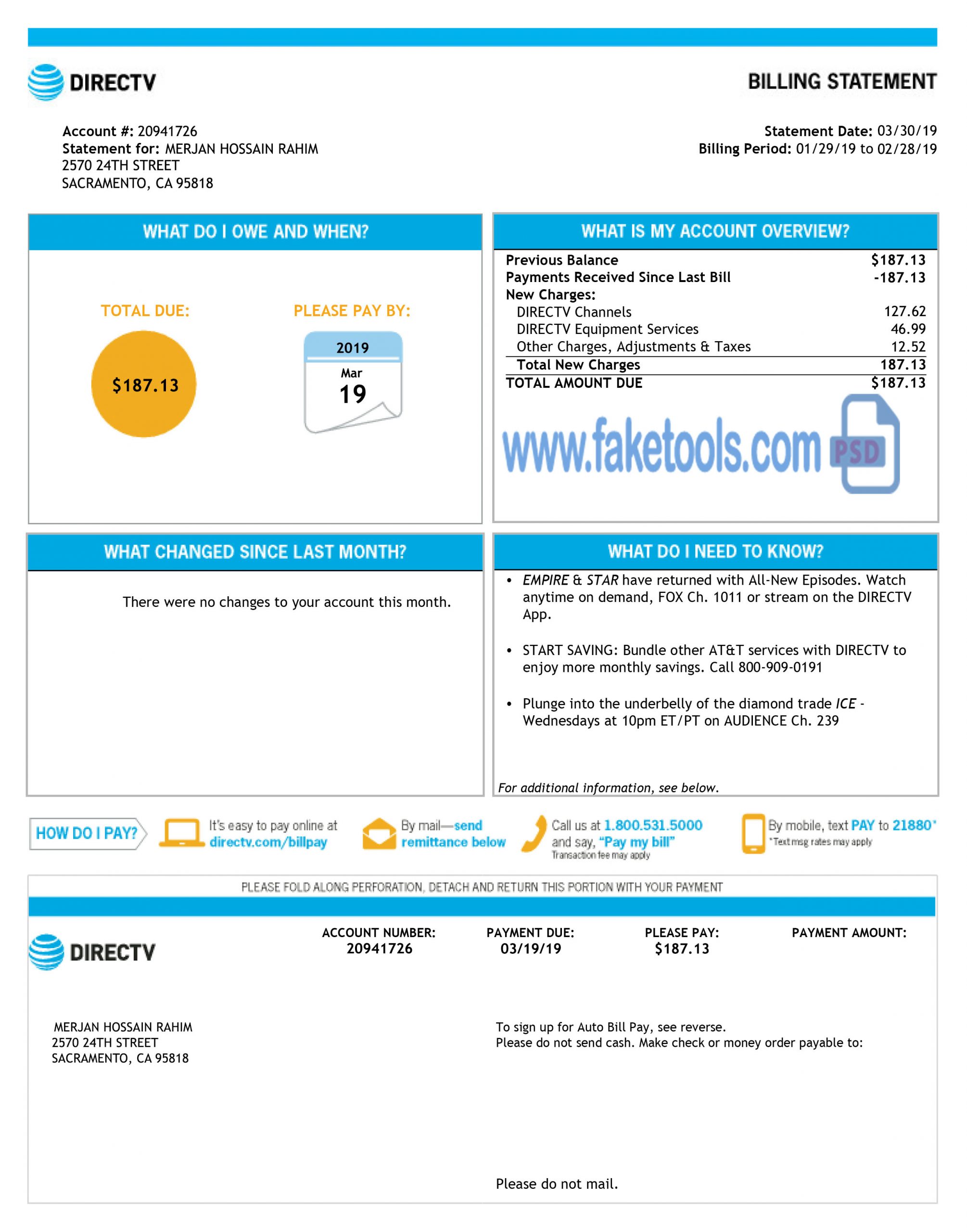 USA Utility Bill : USA Proof of Address : directv Bill Psd template