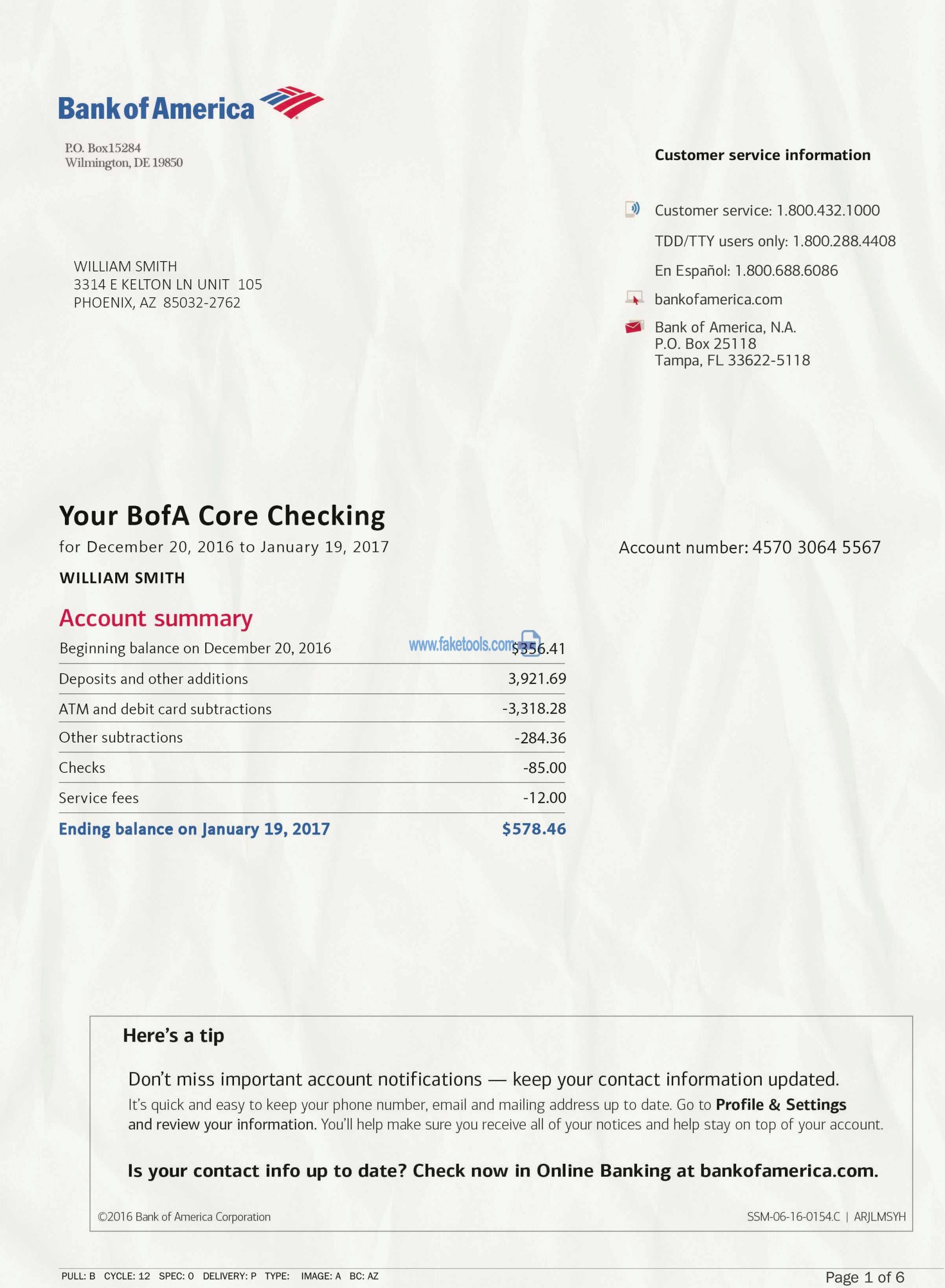 Bank of America Statement psd template