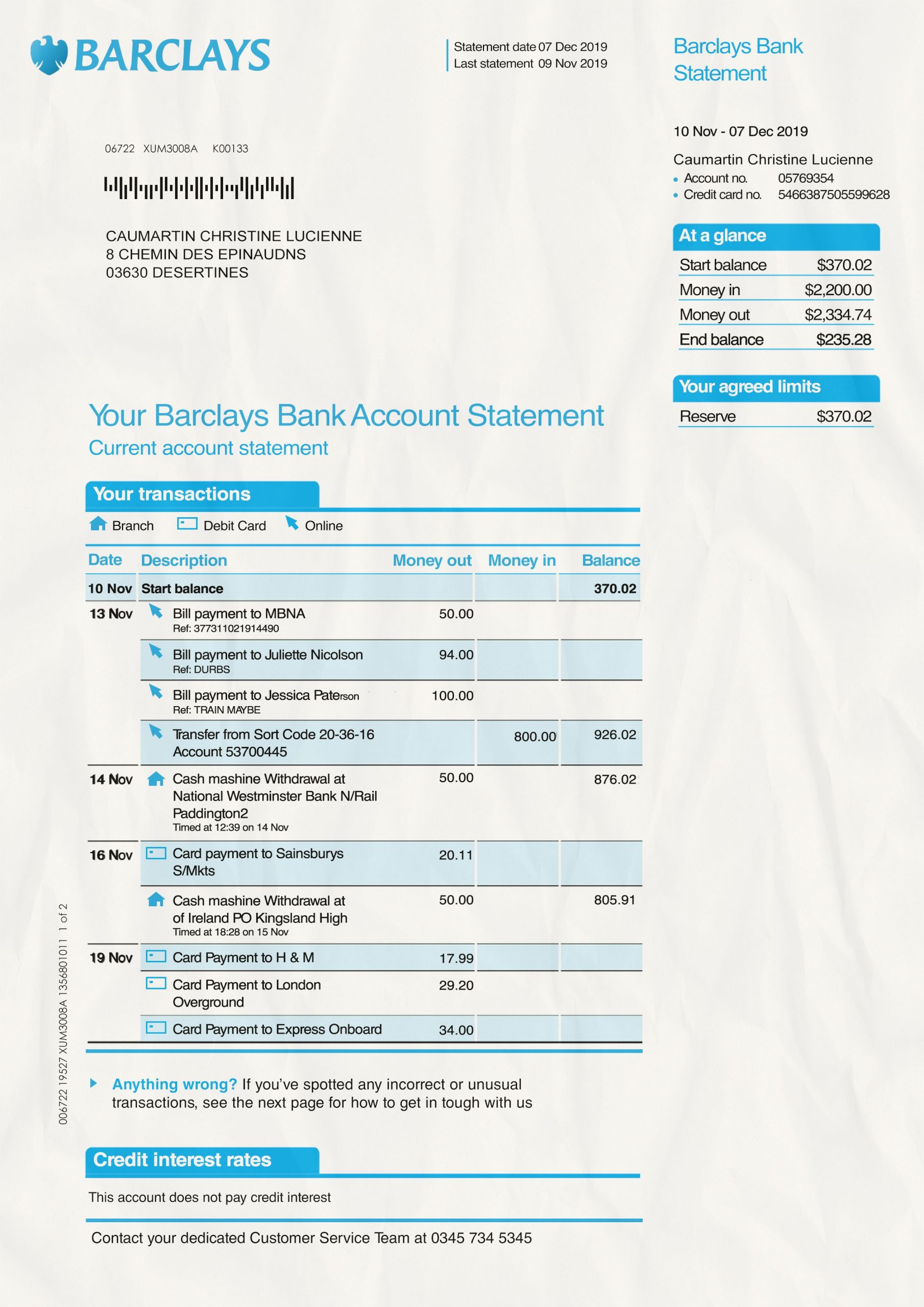 Barclays Bank Statement psd template