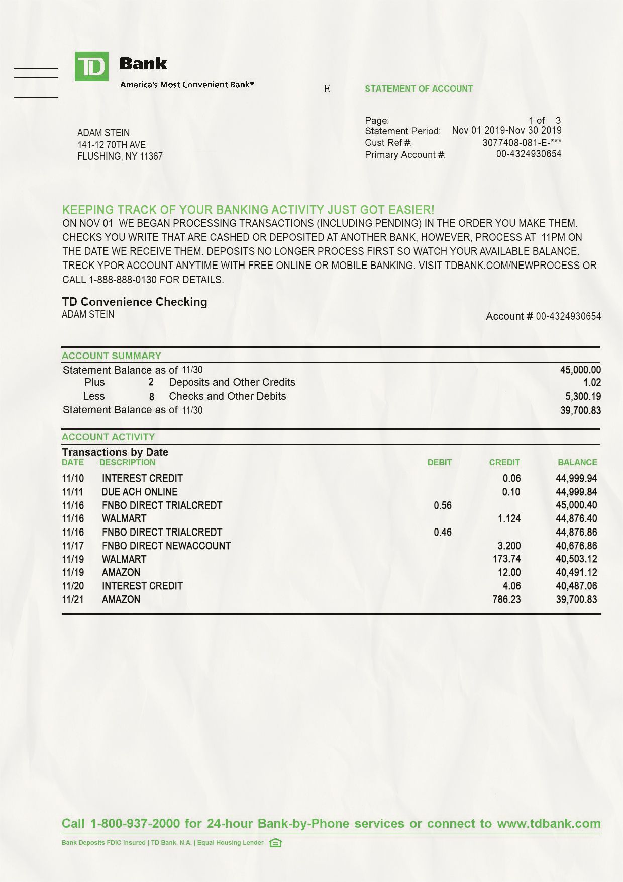 TD bank Statement psd template