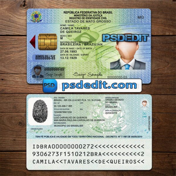 Editable blank Brazil ID Card Template Psd download