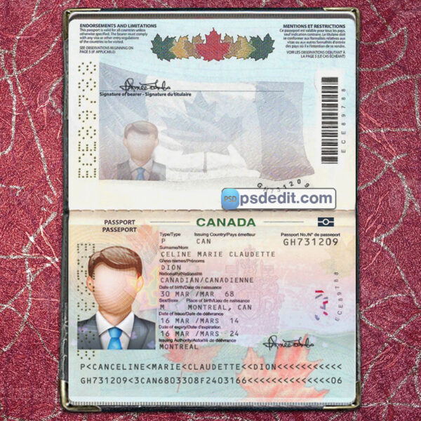 Editable blank Canada Passport Template Psd download