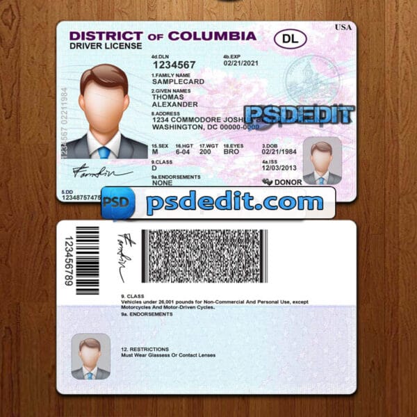 Editable blank District of Columbia drivers license template psd download