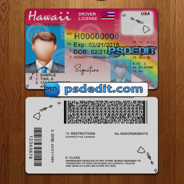 Editable blank Hawaii drivers license template psd download