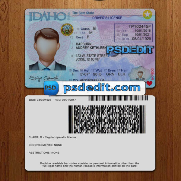 Editable blank Idaho drivers license template psd download