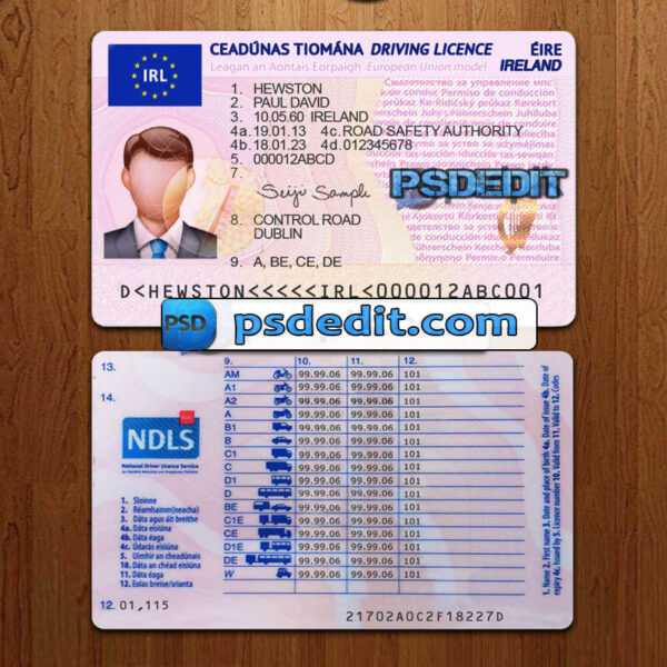 Editable blank Ireland drivers license template psd download