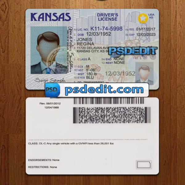 Editable blank Kansas drivers license template psd download