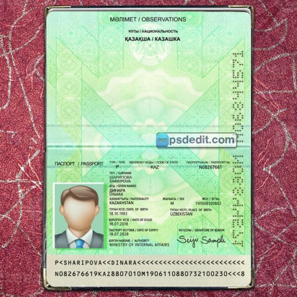 Editable blank Kazakhstan Passport Template Psd download