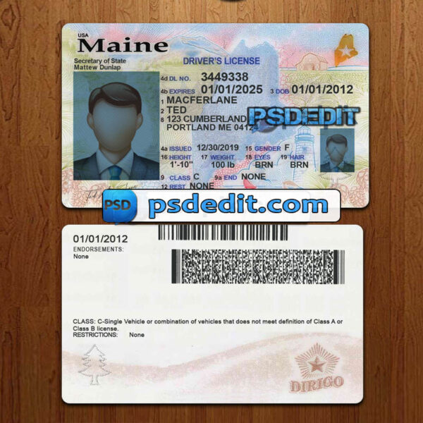 Editable blank Maine drivers license template psd download New