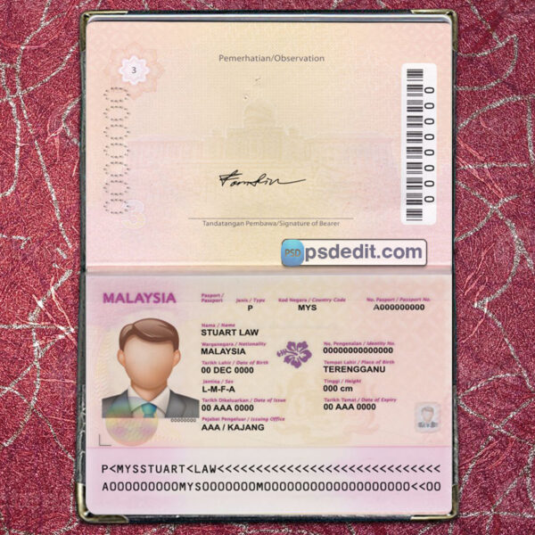 Editable blank Malaysia Passport Template Psd download (V2)