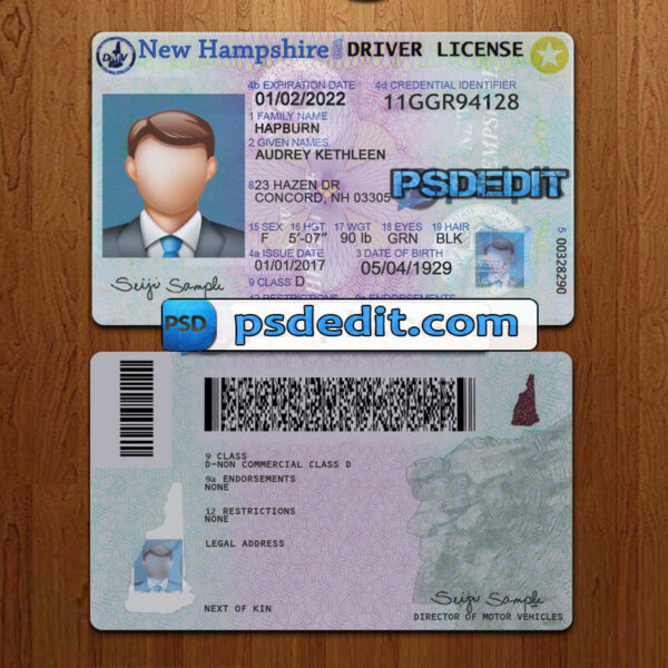 Editable blank New Hampshire drivers license template psd download