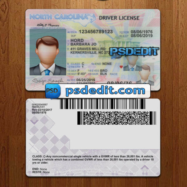 Editable blank North Carolina drivers license template psd download