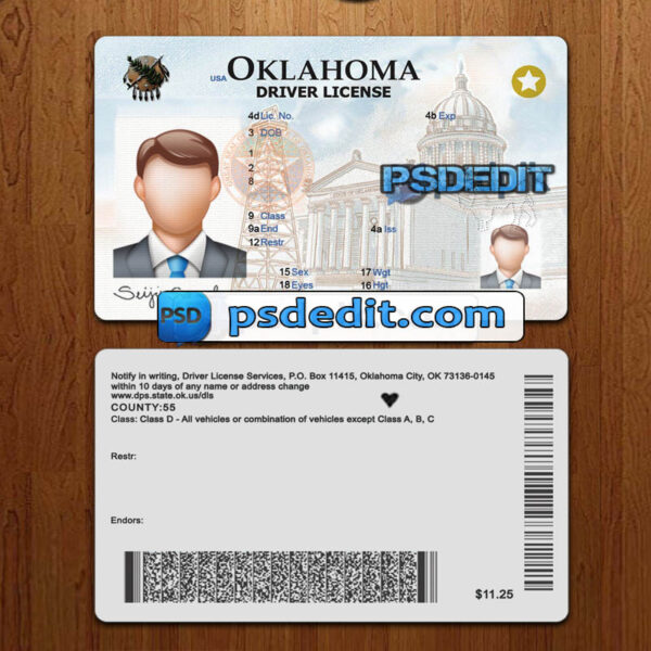 Editable blank Oklahoma drivers license template psd download New