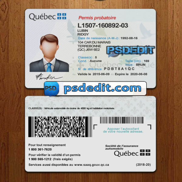 Editable blank Quebec drivers license template psd download