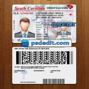 Editable blank South Carolina drivers license template psd download (V2)