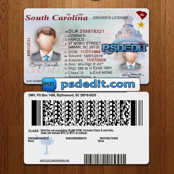 Editable blank South Carolina drivers license template psd download (V1)