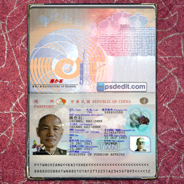 Editable blank Taiwan Passport Template Psd download