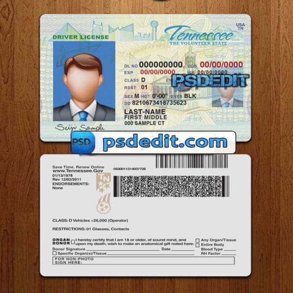 Editable blank Tennessee drivers license template psd download