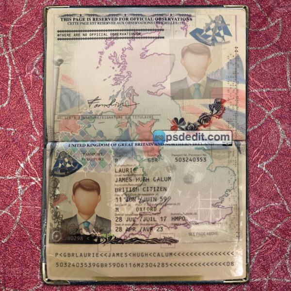 Editable blank UK Passport Template Psd download (V1)