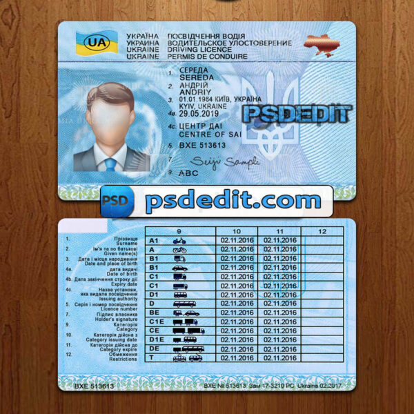 Editable blank Ukraine drivers license template psd download