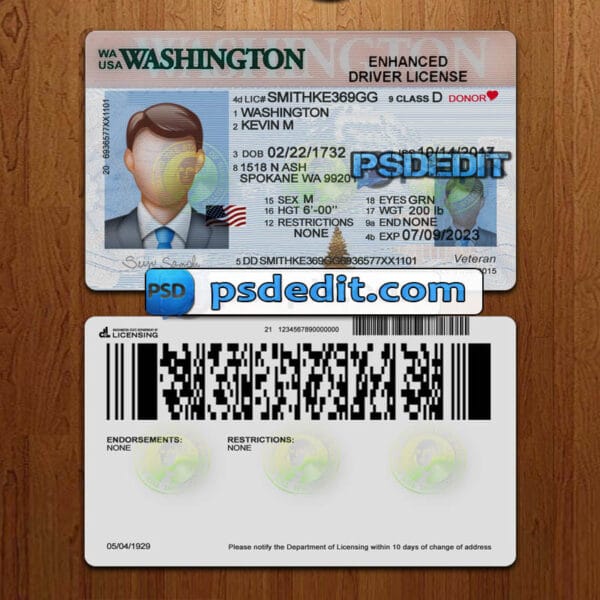 Editable blank Washington drivers license template psd download