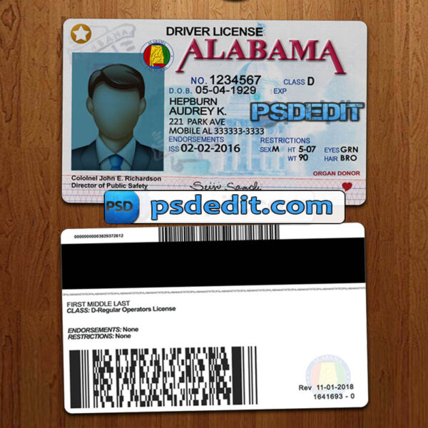 Editable blank Alabama drivers license template psd download