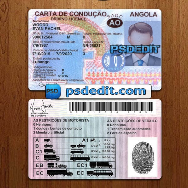 Editable blank Angola drivers license template psd download