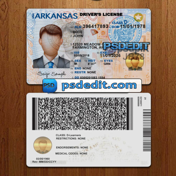 Editable blank Arkansas drivers license template psd download