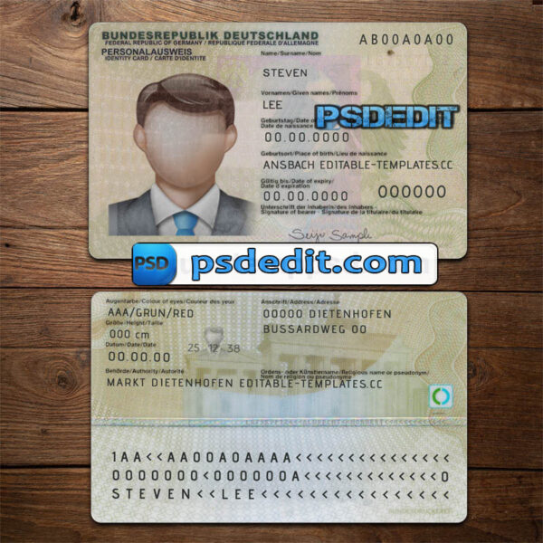 Editable blank Germany ID Card Template Psd download V1